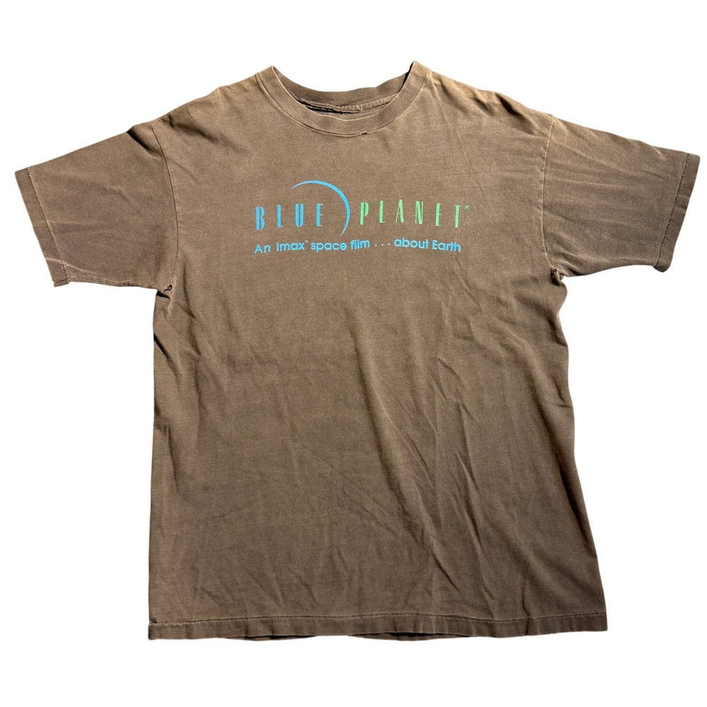 Vintage Blue Planet Imax Space Film T-Shirt Brown Faded Distressed 90s Single St